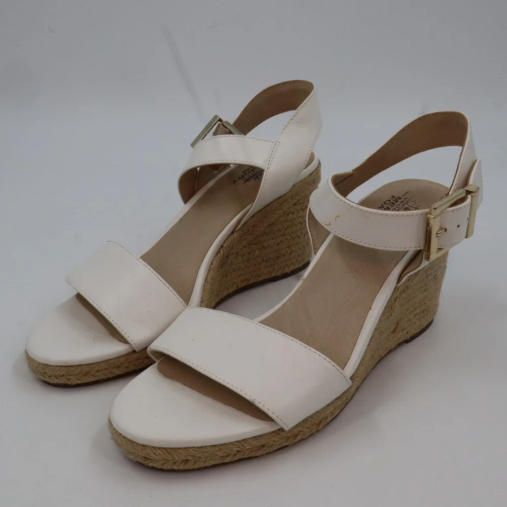 LifeStride Espadrille Wedge Sandals Womens 9.5 White Faux‎ Leather Ankle Strap